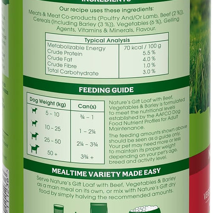 Nature's Gift Adult Wet Dog Food in Can, Loaf with Beef, Vegetables & Barley 12x700g