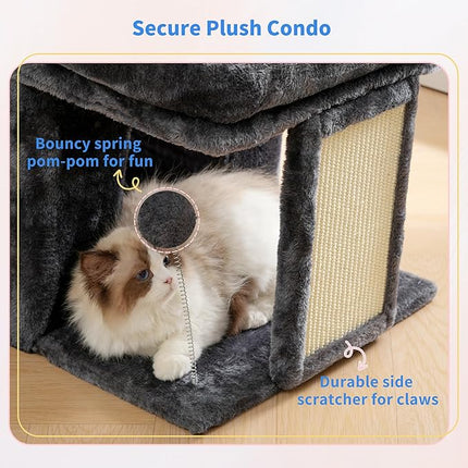 2+ Heybly Cat Tree, 14 inch Cat Tower with Large Perch Bed and Cat Condo for Indoor Cats Large Adult, Cat House with Scratching Posts and Interactive Spring Balls for Your Kittens, Smoky Gray