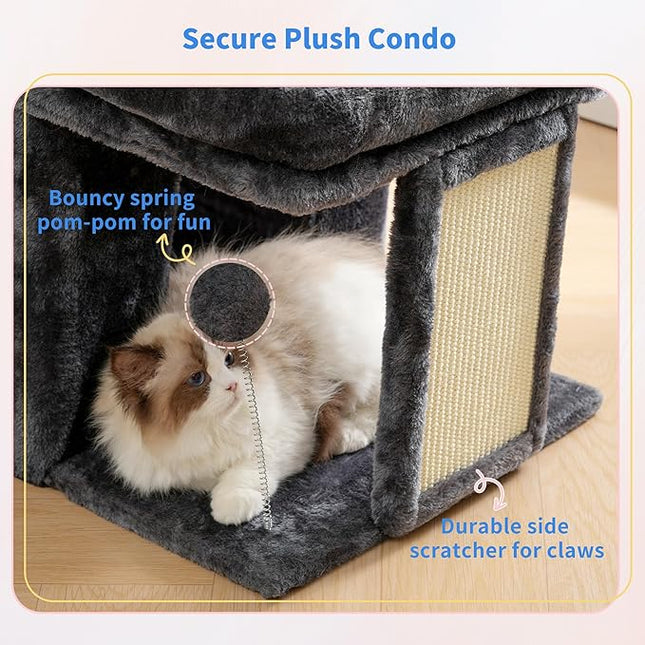 2+ Heybly Cat Tree, 14 inch Cat Tower with Large Perch Bed and Cat Condo for Indoor Cats Large Adult, Cat House with Scratching Posts and Interactive Spring Balls for Your Kittens, Smoky Gray