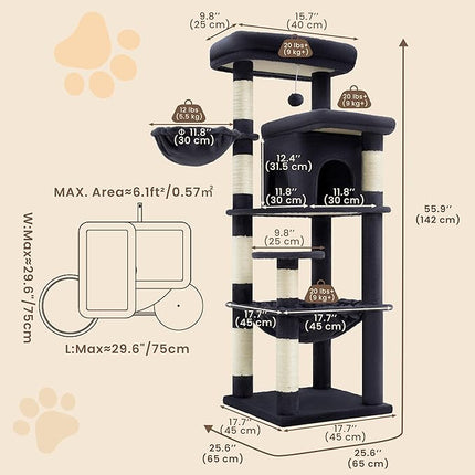 Heybly Cat Tree, 56" Multi-Level Easy Climb Tower for Large Cats HCT028G | Cat Furniture with 2 Perches, Cozy Hammock, Spacious Condo & Cat Basket, Durable Sisal Scratching Posts, Smoky Gray