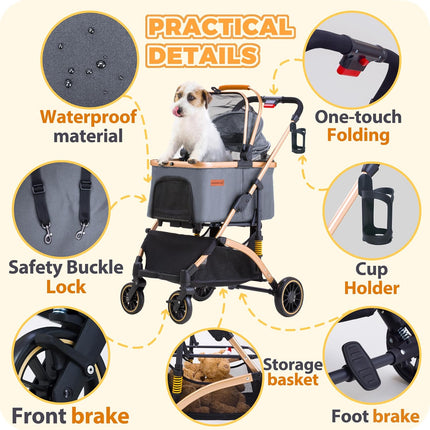 Pet Stroller for Small Dogs Cats, 6 Shock Absorption System | One Touch Folding