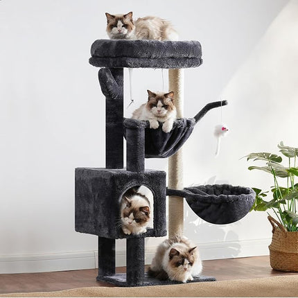 Heybly Cat Tree, 100 cm Small Cat Scratching Post with Large Platform, Cave 2 Hammocks