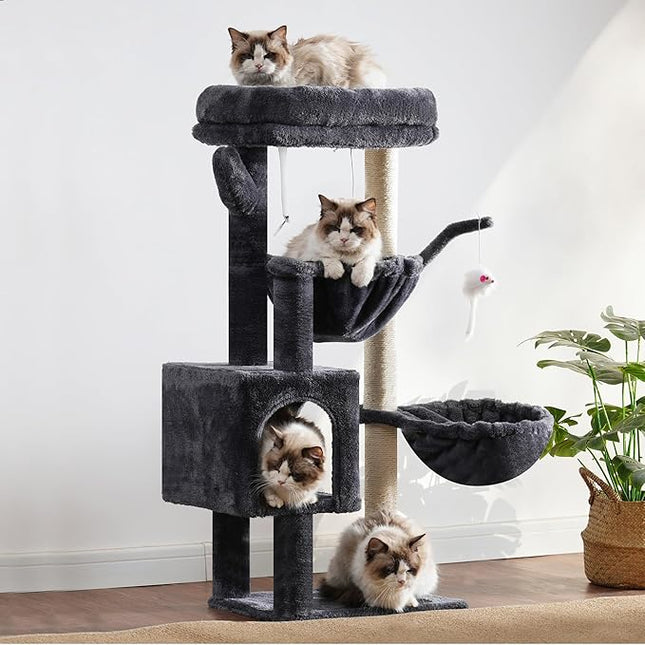 Heybly Cat Tree, 100 cm Small Cat Scratching Post with Large Platform, Cave 2 Hammocks