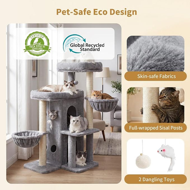 Heybly Cat Tree with Reinforced Big Base, 105cm Sturdy Cat Tower for Indoor Cats, Light Gray