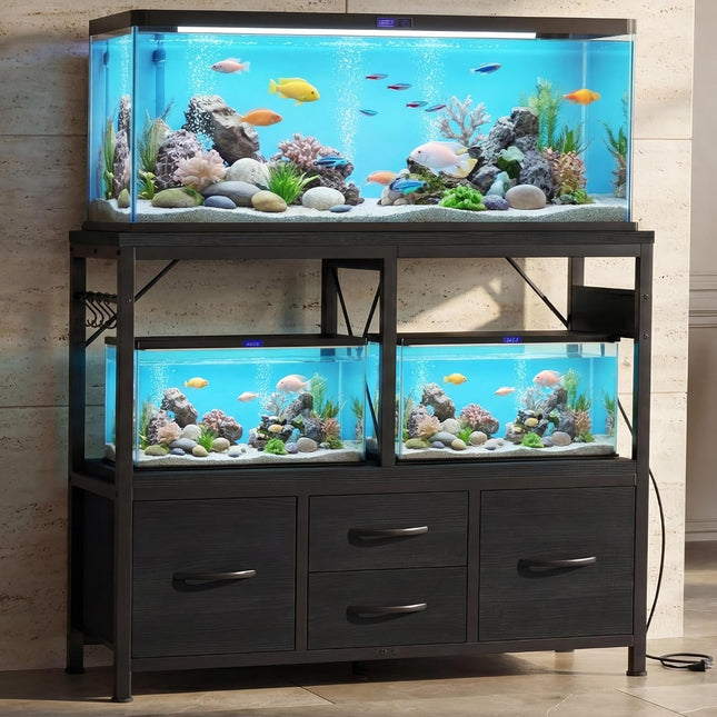 Heybly 40-50 Gal Fish Tank Stand with Drawer, Power Outlet, Black HAS004BK | Aquarium Stand, Heavy Duty, for Fish Tank, Turtle & Reptile Terrarium, 36.2" L × 18.1" Top, 660lbs (Top)+330lbs(Mid)
