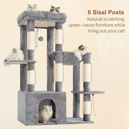 Heybly Heavy Duty Cat Tree for Large Adult, Tall Cat Condo House with Extra-Large Baseboard,Light Gray HCT026W