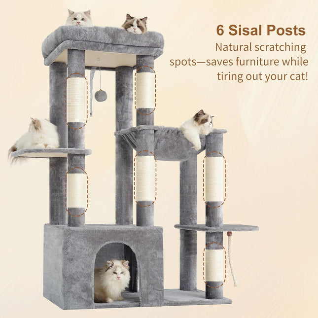 Heybly Heavy Duty Cat Tree for Large Adult, Tall Cat Condo House with Extra-Large Baseboard,Light Gray HCT026W