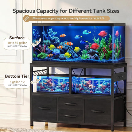 Heybly 40-50 Gal Fish Tank Stand with Drawer, Power Outlet, Black HAS004BK | Aquarium Stand, Heavy Duty, for Fish Tank, Turtle & Reptile Terrarium, 36.2" L × 18.1" Top, 660lbs (Top)+330lbs(Mid)