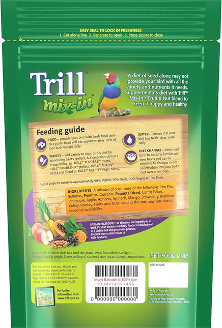 Trill Mix-In Fruit & Nut, 475g – Blend with Bird Food for Extra Nutrition – mix of 5 or more Nutritious Seeds, Grains, Dried Fruit, Vegetables and Herbs including Spinach, Raisins and More