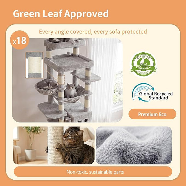 Heybly Floor to Ceiling Cat Tree, Large Cat Tower, 2 Cat Condos,Light Gray