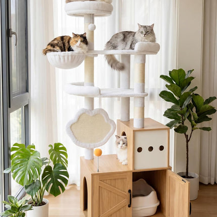 Heybly Cat Tree with Litter Box Enclosure, Modern 162cm Hidden Cat Tower for Indoor Cats,White Oak HCT105BT