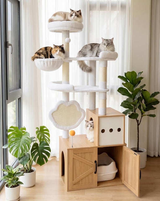 Heybly Cat Tree with Litter Box Enclosure, Modern 162cm Hidden Cat Tower for Indoor Cats,White Oak HCT105BT