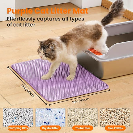 Cat Litter Tray Mat, 60 x 45 cm Double Layer Cat Litter Tray Underlay, Waterproof, Purple