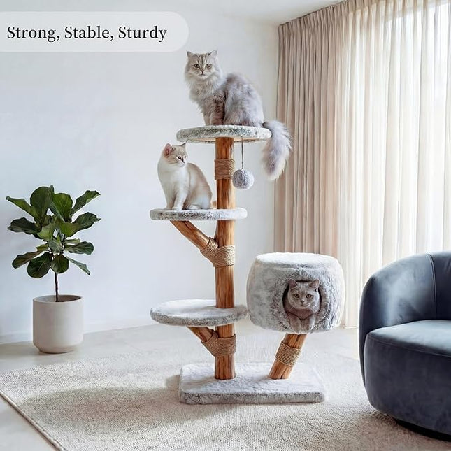 LEO &LEXI Modern Cat Tree Tower with Cave for Indoor Cats, Real Wood Cat Scratching Post with Bed, Solid Wooden Climbing Tower, Aesthetic, Luxury Pet Furniture