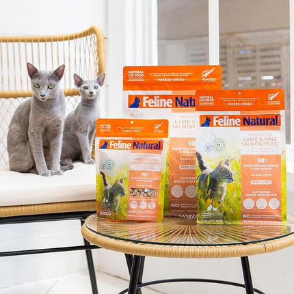 Feline Natural High Protein Dry Cat Food, Freeze-Dried Diet with 98% Meat, Organs & Seafood, No Peas, Grains, or Artificial Additives, Made in New Zealand, Lamb & King Salmon, 100g