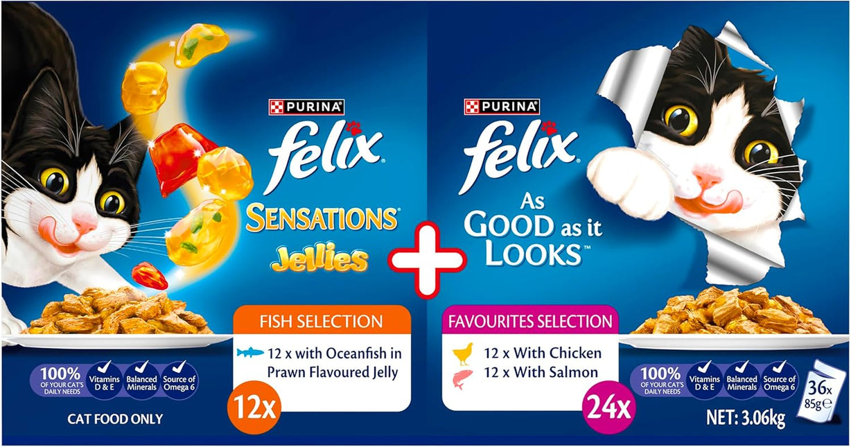 FELIX Adult As Good As It Looks™ & Sensations® Jellies Favourites Selection Wet Cat Food 36x85g