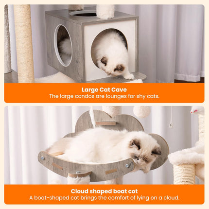Heybly Wood Cat Tree for Indoor Cats, Cat Condo for Large Cats with Self Groomer,Gray HCT120SG