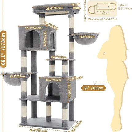 Heybly 173cm Cat Tree with Oversized Top Platform & Wide Base, Heavy Duty Cat Tower for Large Indoor Cats with 2 Condos, 2 Hammocks, 10 Sisal Scratching Posts,Light Gray HCT059W