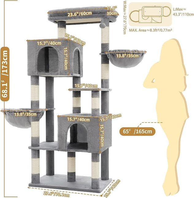 Heybly 173cm Cat Tree with Oversized Top Platform & Wide Base, Heavy Duty Cat Tower for Large Indoor Cats with 2 Condos, 2 Hammocks, 10 Sisal Scratching Posts,Light Gray HCT059W