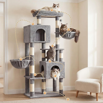 Heybly 173cm Cat Tree with Oversized Top Platform & Wide Base, Heavy Duty Cat Tower for Large Indoor Cats with 2 Condos, 2 Hammocks, 10 Sisal Scratching Posts,Light Gray HCT059W