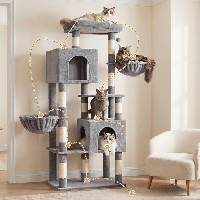 Heybly 173cm Cat Tree with Oversized Top Platform & Wide Base, Heavy Duty Cat Tower for Large Indoor Cats with 2 Condos, 2 Hammocks, 10 Sisal Scratching Posts,Light Gray HCT059W