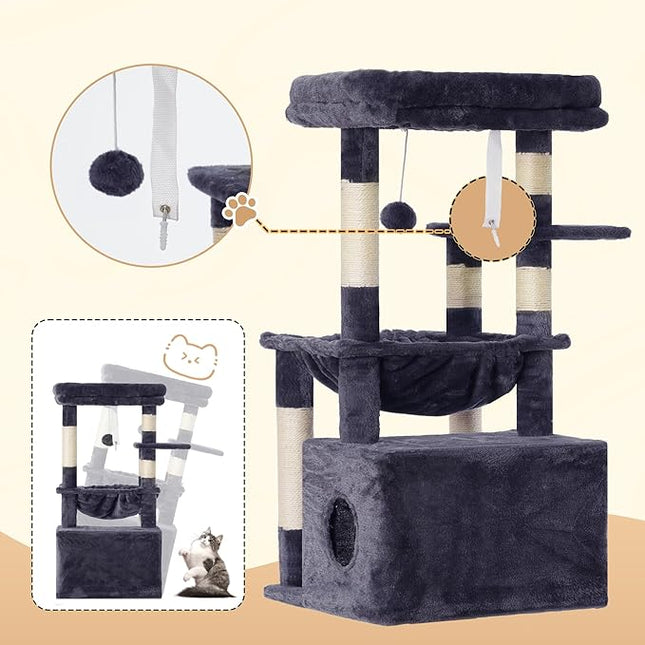 Heybly Cat Tree, Kitten Tower with Large Soft Cat Basket HCT008SG | Cat Condo with Spacious Cat Bed Cave with Hidden Space, Sisal Scratching Posts, Dangling Ball for Indoor Cats, Smoky Gray