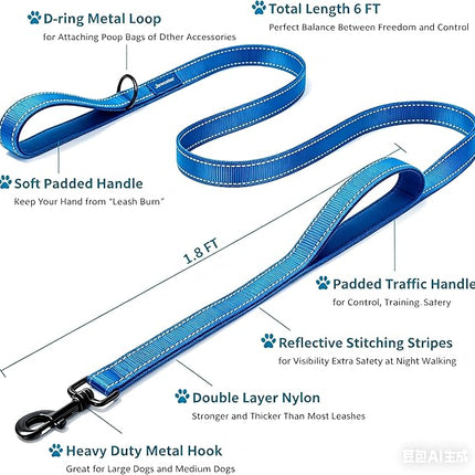 Heavy Duty Dog Leash - 2 Handles by Padded Traffic Handle for Extra Control, 6foot Long