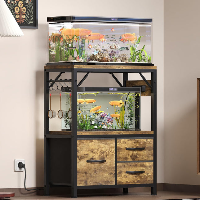 Heybly 5-10Gal Fish Tank Stand with Drawer, Power Outlet,200lbs HAS002SSR-1 |  20.5" × 10.2" Top, Rustic Brown