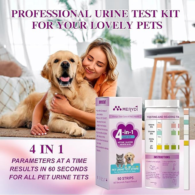 Dog & Cat Urine Test Strips, 4-in-1 Pet Urinalysis Testing Kit for Ketone, Glucose, pH and Nitrite, Reagent Strips for Vet Diabetes & UTI Monitor, 50ct Urine Test Kit Easy to Use at Home