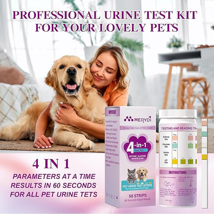 Dog & Cat Urine Test Strips, 4-in-1 Pet Urinalysis Testing Kit for Ketone, Glucose, pH and Nitrite, Reagent Strips for Vet Diabetes & UTI Monitor, 50ct Urine Test Kit Easy to Use at Home