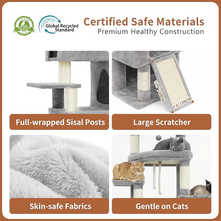 Heybly Cat Tree, 188cm Streamlined Cat Tower for Large Cats with 3-Tier,Light Gray