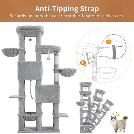 Heybly Cat Tree, 74.8-Inch Spacious & Tall Cat Tower for Large Cats,2 Cat Condos, Hanging Hammock, Light Gray