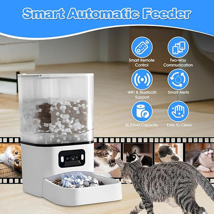 Automatic Cat Feeder with Camera, 6L Smart Food Dispenser for Cats and Dogs，Large Cat Food Storage Container App Control, 1080p HD Video, Two-Way Audio