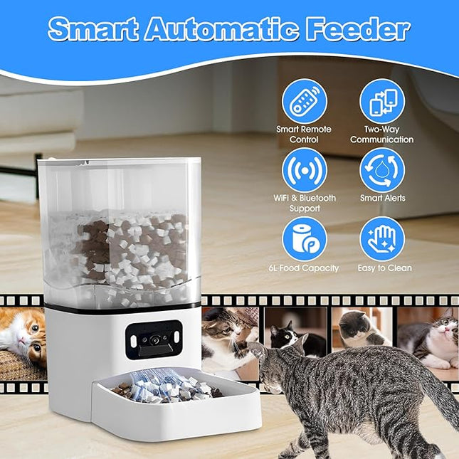 Automatic Cat Feeder with Camera, 6L Smart Food Dispenser for Cats and Dogs，Large Cat Food Storage Container App Control, 1080p HD Video, Two-Way Audio