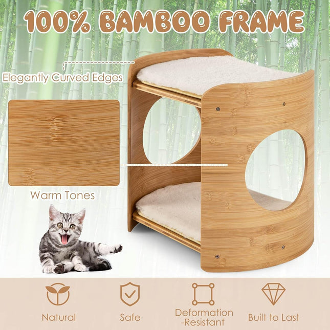 Costway 2-Tier Cat Tower for Indoor Cats, Cute Bamboo Cat Tree w/Double Beds