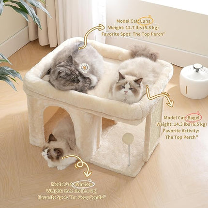 Heybly Cat Tree, 14" Cat Tower with Large Cat Bed & Condo HCT203SM | Cat Furniture for Indoor Cats Large Adult and Kittens, Beige