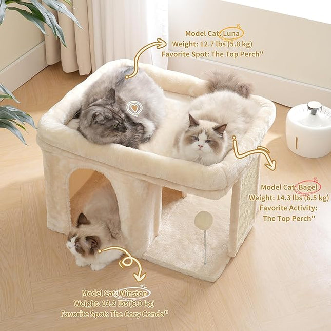 Heybly Cat Tree, 14" Cat Tower with Large Cat Bed & Condo HCT203SM | Cat Furniture for Indoor Cats Large Adult and Kittens, Beige