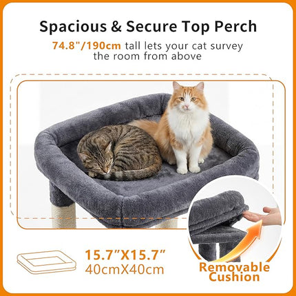 Heybly Cat Tree, 190cm Spacious & Tall Cat Tower for Large Cats, Smoky Gray HCT062G