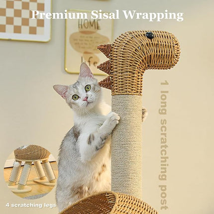 PAWZ Road Dinosaur Cat Tree 46” Cat Scratching Posts with Large Rattan Bed