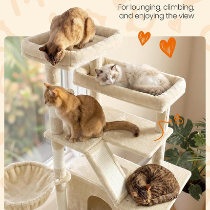Feandrea Large Cat Tree, 72.6" Tall Sturdy Cat Tower for Indoor, Beige