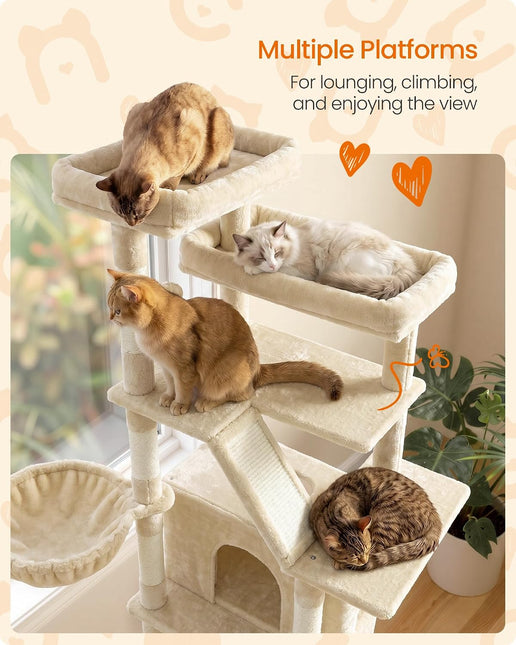 Feandrea Large Cat Tree, 72.6" Tall Sturdy Cat Tower for Indoor, Beige