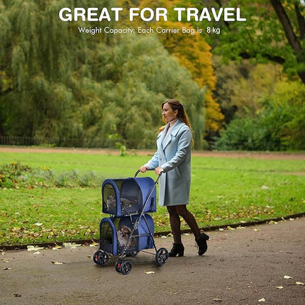 4-in-1 Double Layer Pet Stroller, Foldable Cat Dog double Stroller on Wheels w/ 2 Detachable