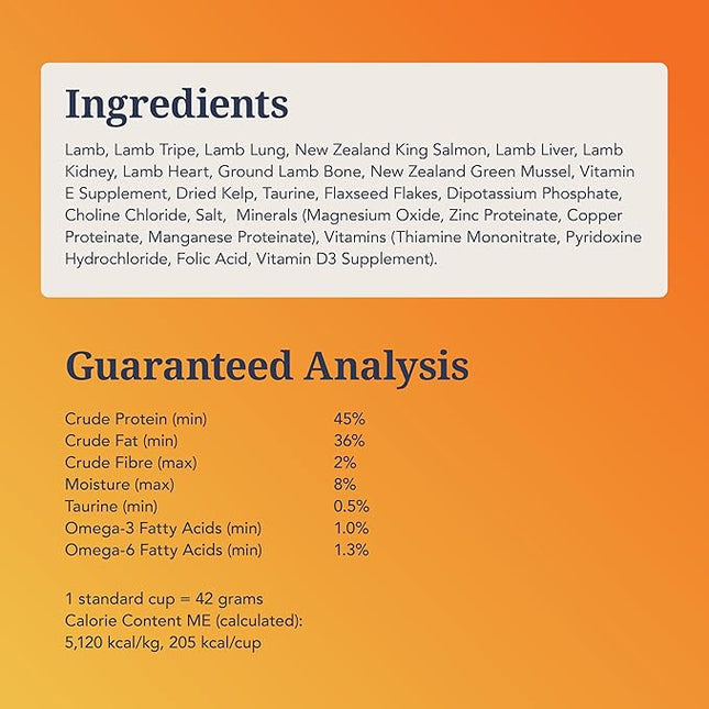 Feline Natural High Protein Dry Cat Food, Freeze-Dried Diet with 98% Meat, Organs & Seafood, No Peas, Grains, or Artificial Additives, Made in New Zealand, Lamb & King Salmon, 100g
