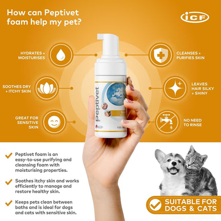 Peptivet Dog & Cat Skin Foam, No-Rinse Leave-On for Itchy Skin, 100 ml