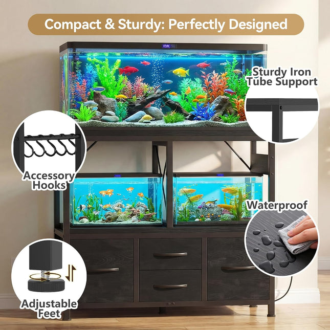 Heybly 40-50 Gal Fish Tank Stand with Drawer, Power Outlet, Black HAS004BK | Aquarium Stand, Heavy Duty, for Fish Tank, Turtle & Reptile Terrarium, 36.2" L × 18.1" Top, 660lbs (Top)+330lbs(Mid)