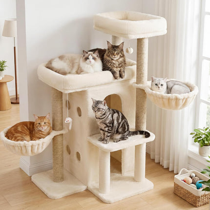 Heybly Cat Tree with Reinforced Big Base, 105cm Sturdy Cat Tower for Indoor Cats, Beige