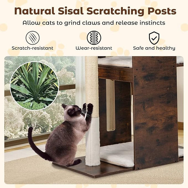 Costway 120 CM Modern Cat Tree for Indoor Cats, Wooden Kitten Tower Cat Condo w/Sisal Scratching Posts, Hanging Balls, Removable Washable Plush Cushions, Perch, Multi-Level Pet Climbing Furniture