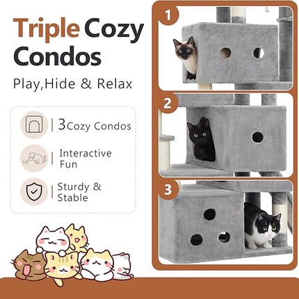 Heybly Cat Tree, 188cm Streamlined Cat Tower for Large Cats with 3-Tier,Light Gray