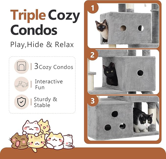 Heybly Cat Tree, 188cm Streamlined Cat Tower for Large Cats with 3-Tier,Light Gray