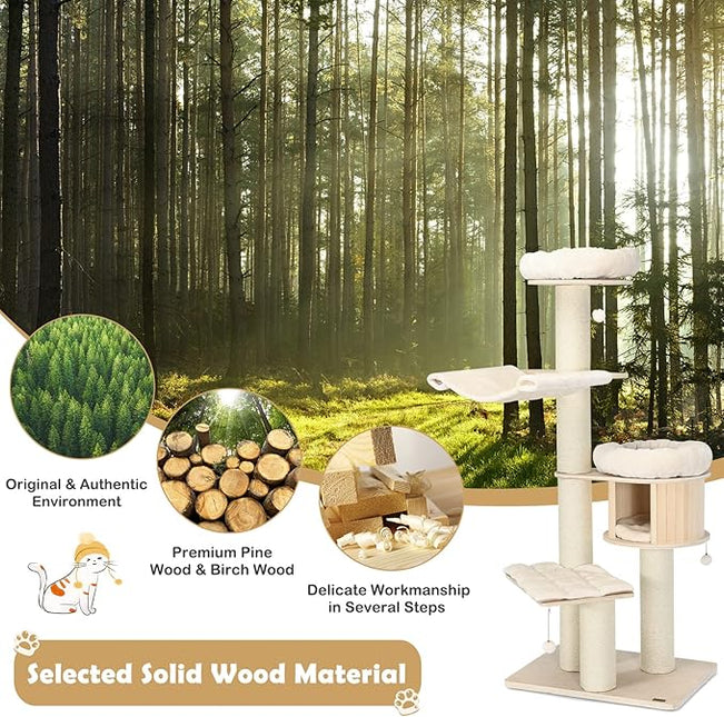 Costway 174cm Solid Wood Cat Tree, 4-Layer Cat Tower W/Sisal Scratching Posts, Cat Condo